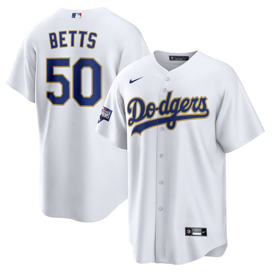 Mens Los Angeles Dodgers #50 Mookie Betts Nike White Gold 2021 Gold Program Replica Player MLB Jerseys->los angeles dodgers->MLB Jersey